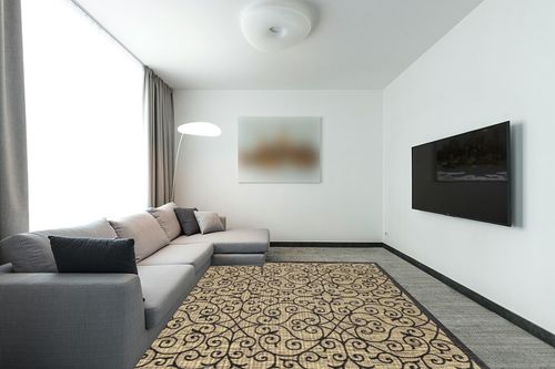 JONATHAN Y Madrid Vintage Filigree Textured Weave Indoor/Outdoor Black/Khaki 8 ft. x 10 ft. Area-Rug, Classic,Easy-Cleaning,HighTraffic,LivingRoom,Backyard, Non Shedding, SMB107A-8 in Modern Living Room with Grey Couch