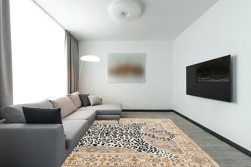 Restoration and Renovation Modern Leopard Wool Rug with Persian Background | Handmade, Animal Print Cheetah Area Carpet for Living Room, Bedroom and Kitchen Decor (5' x 8', Neutral) in Modern Living Room with Grey Couch