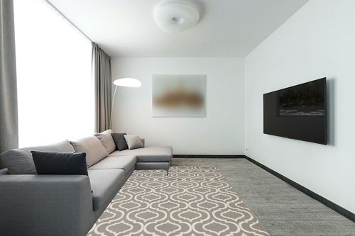 Nourison Jubilant Moroccan Trellis Grey Area Rug, (6' x 9') in Modern Living Room with Grey Couch