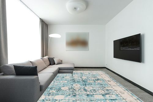 Syalife Washable Rug Vintage Area Rugs, 9'x 12' Living Room Rug with Non Slip Backing, Ultra-Thin Medallion Distressed Non-Shedding Boho Rug, Vintage Floor Mat Indoor Rug (FG04-Blue, 9'x 12') in Modern Living Room with Grey Couch