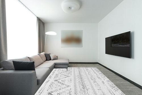 8x10 Large Moroccan Soft Fluffy Geometric Washable Bedroom Rugs in Modern Living Room with Grey Couch
