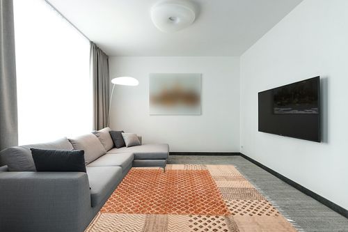 CASAVANI Collection Rectangular - 8x10 Area Rug Orange Cotton Dhurrie Bordered Kilim Rug Indoor Outdoor Use Flatweave Rugs for Bedroom Dining Room Living Room in Modern Living Room with Grey Couch
