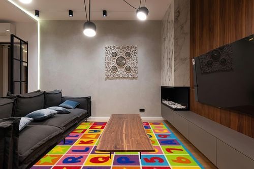 Champion Rugs Kids Area Rug ALPHABET Learning/ Playtime Carpet (8 Feet X 10 Feet) in Dark Wood Living Room with Black Couch