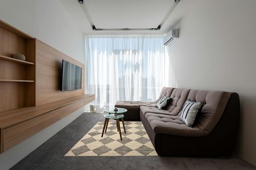 Loloi Chris Loves Julia x Francis Beige/Charcoal 5'-0" x 7'-6" Area Rug in Grey Living Room with Brown Couch