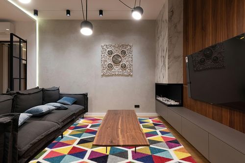 nuLOOM Maris Colorful Geometric Tiles Area Rug, 8' x 10', Multi in Dark Wood Living Room with Black Couch