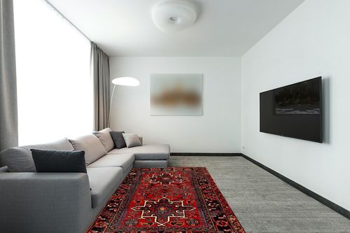 SAFAVIEH Vintage Hamadan Collection Area Rug - 5'3" x 7'6", Red & Multi, Oriental Traditional Persian Design, Non-Shedding & Easy Care, Ideal for High Traffic Areas in Living Room, Bedroom (VTH211A) in Modern Living Room with Grey Couch