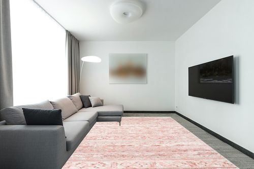 nuLOOM Hattie Transitional Moroccan Area Rug, 9x12, Pink in Modern Living Room with Grey Couch