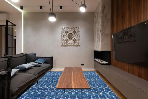 JONATHAN Y Moroccan Hype Boho Vintage Diamond, Bohemian, Easy-Cleaning, for Bedroom, Kitchen, Living Room, Non Shedding Area-Rugs, 8 X 10, Blue/White in Dark Wood Living Room with Black Couch