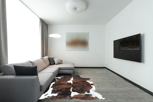 bonanza leathers Genuine Cowhide Rug Tricolor Brindle Size S/L/XL 5X6/6X7/7X8 FT (7X8) in Modern Living Room with Grey Couch