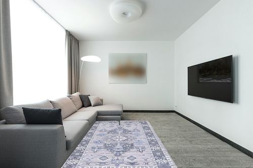 SAFAVIEH Saffron Collection 5' x 8' Purple / Ivory SFN651V Handmade Boho Chic Distressed Area Rug in Modern Living Room with Grey Couch