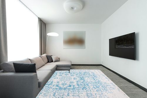 SAFAVIEH Madison Collection Area Rug - 8' x 10', Teal & Ivory, Snowflake Medallion Distressed Design, Non-Shedding & Easy Care, Ideal for High Traffic Areas in Living Room, Bedroom (MAD603J) in Modern Living Room with Grey Couch