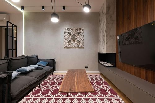 SAFAVIEH Abstract Collection Area Rug - 8' x 10', Red & Ivory, Handmade Wool, Ideal for High Traffic Areas in Living Room, Bedroom (ABT851Q) in Dark Wood Living Room with Black Couch
