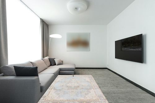 Momeni Rugs Isabella Traditional Medallion Flat Weave Area Rug, 5'3" X 7'3", Blue in Modern Living Room with Grey Couch