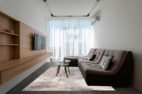 Safavieh Madison Collection Area Rug - 8' x 10', Beige & Grey, Modern Boho Abstract Design, Non-Shedding & Easy Care, Ideal for High Traffic Areas in Living Room, Bedroom (MAD440B) in Grey Living Room with Brown Couch