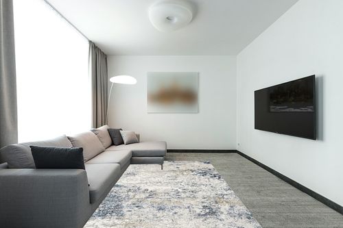 Area Rug Living Room Rugs - 6x9 Abstract Large Soft Indoor Washable Rug Neutral Modern Low Pile Carpet for Bedroom Dining Room Farmhouse Home Office - Beige Blue in Modern Living Room with Grey Couch