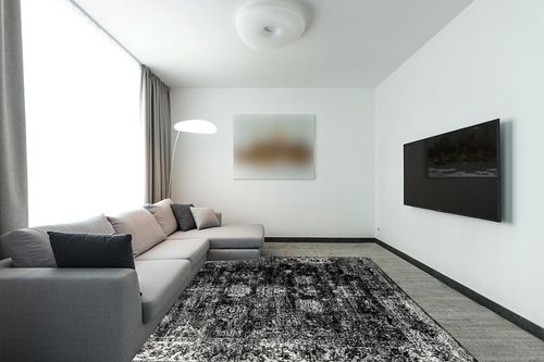 Unique Loom Sofia Collection Area Rug - Casino (7' 10" x 10' Rectangle, Black/ Ivory) in Modern Living Room with Grey Couch