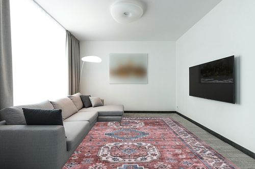 ROYHOME 9x12 Large Area Rug Bedroom Rug Oriental Indoor Rug Boho Vintage Tribal Area Rugs Washable Non Slip Area Rug Distressed Carpet for Bedroom Kitchen Home Office, Pink 9' x 12' in Modern Living Room with Grey Couch