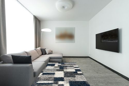 Rugshop Distressed Modern Boxes Plush Shag Area Rug 5' x 7' Navy in Modern Living Room with Grey Couch