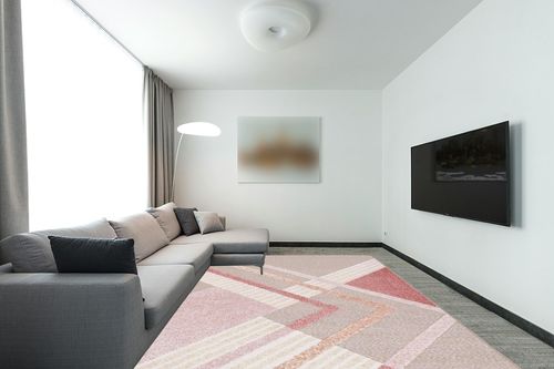 Safavieh Sarasota Collection Area Rug - 9' x 12', Pink & Brown, Mid-Century Modern Design, Non-Shedding & Easy Care, Indoor/Outdoor & Washable-Ideal for Patio, Backyard, Mudroom (SAR102U) in Modern Living Room with Grey Couch