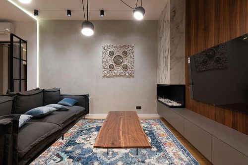 SAFAVIEH Monaco Collection Area Rug - 8' x 10', Navy & Light Blue, Boho Chic Medallion Distressed Design, Non-Shedding & Easy Care, Ideal for High Traffic Areas in Living Room, Bedroom (MNC243N) in Dark Wood Living Room with Black Couch