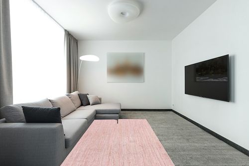 nuLOOM Rigo Hand Woven Farmhouse Jute Area Rug, 5x8, Pink in Modern Living Room with Grey Couch