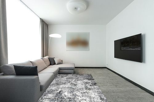 Area Rug Living Room Rugs - 5x7 Large Soft Indoor Neutral Modern Abstract Low Pile Washable Rug Carpet for Bedroom Dining Room Farmhouse Home Office - Grey in Modern Living Room with Grey Couch