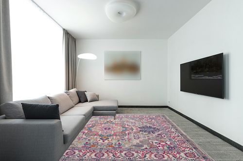 Nourison Passion Bohemian Light Grey/Pink 8' X 10' Area-Rug, Easy-Cleaning, Non Shedding, Bed Room, Living Room, Dining Room, Kitchen (8x10) in Modern Living Room with Grey Couch