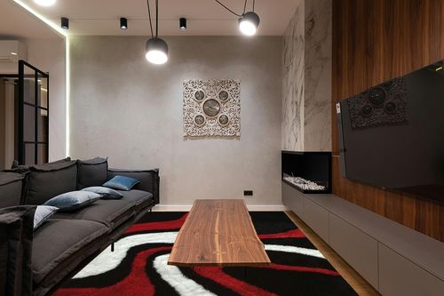 RINOLO "Aria Collection Soft Pile Hand Tufted Shag Area Rug (Black, Red, White, 8' x 11') in Dark Wood Living Room with Black Couch