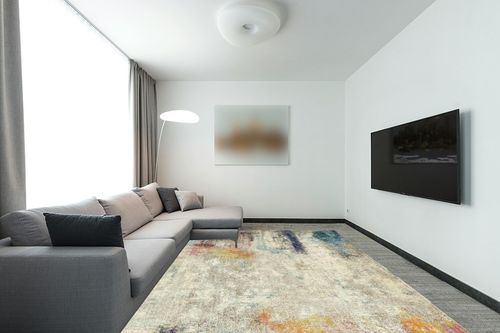 Unique Loom Chromatic Collection Modern Colorful & Vibrant Abstract Area Rug For Any Home Décor (9' 0 x 12' 0 Rectangular, Beige/ Pink) in Modern Living Room with Grey Couch