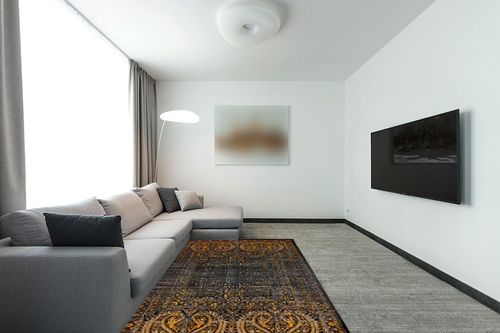 Unique Loom Imperial Collection Paisley, Distressed, Border, Vintage, Modern, Abstract Area Rug, 5 x 8 ft, Black/Orange in Modern Living Room with Grey Couch