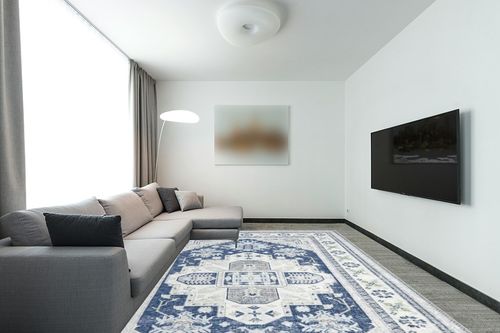 CAREMEE Area Rug 9x12 Large Area Rug Rug for Living Room Machine Washable Area Rug Non-Slip Non-Shedding Chenille Mat Foldable Accent Rug for Bedroom Dining Room, Blue, 9’x12’ in Modern Living Room with Grey Couch