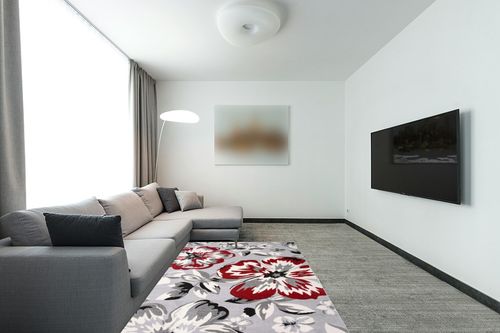 Modern Floral Area Rugs 5' X 7' Red in Modern Living Room with Grey Couch