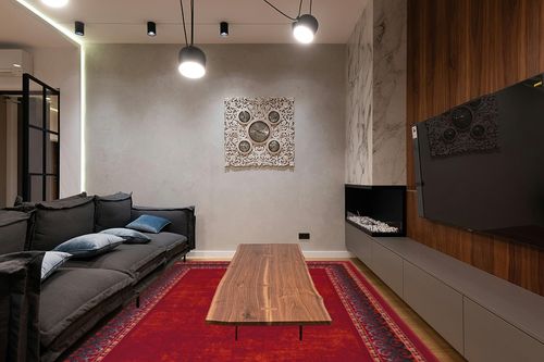 Antep Rugs Alfombras Bordered Modern 8x10 Non-Slip (Non-Skid) Low Pile Rubber Backing Indoor Area Rug (Maroon Red, 7'10" x 10') in Dark Wood Living Room with Black Couch