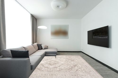 SAFAVIEH Reflection Collection Area Rug - 8' x 10', Beige & Cream, Boho Tribal Distressed Design, Non-Shedding & Easy Care, Ideal for High Traffic Areas in Living Room, Bedroom (RFT668A) in Modern Living Room with Grey Couch