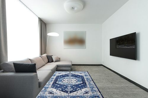 COZYLOOM Ultra-Thin Washable Rug 5x7 Non-Slip Rug Indoor Medallion Distressed Floor Carpet for Living Room Bedroom Oriental Floral Throw Carpet Non-Shedding Foldable Low Pile Floor Cover Blue in Modern Living Room with Grey Couch