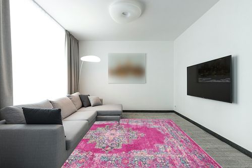 Nourison Passion Fuchsia 8' x 10' Area -Rug, Boho, Traditional, Easy -Cleaning, Non Shedding, Bed Room, Living Room, Hallway (8x10) in Modern Living Room with Grey Couch