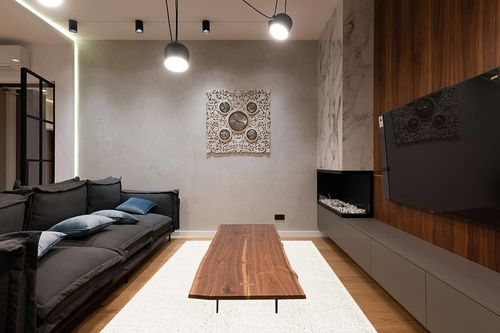 Ivory Contemporary Area Rug in Dark Wood Living Room with Black Couch
