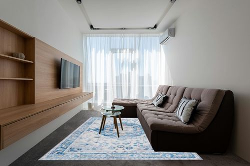 VIPBED Large Area Rug,8X10 Washable Rug for Living Room,Ultra-Thin Low Pile Vintage Medallion Area Rugs with Anti-Slip Backing, Boho Farmhouse Rug for Home Decor(Multi-Blue,8'x10') in Grey Living Room with Brown Couch