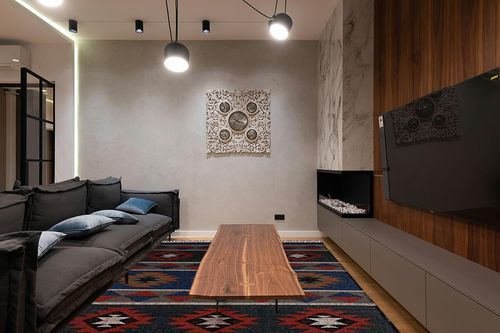 Jute Handwoven Kilim Rug, Bhhemian Jute Rug, Moroccan Rug, Handmade Bohemian Traditional Oriental Rug, Turkish Rug, Jute Rug (3x5 feet) in Dark Wood Living Room with Black Couch