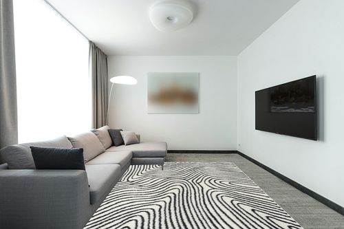 LUXE WEAVERS Le Monde Collection 8505 Anthracite 8x10 Geometric Marble Swirl Area Rug in Modern Living Room with Grey Couch