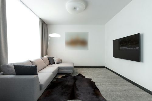 rodeo Solid Black Cowhide Rug (5x7) in Modern Living Room with Grey Couch