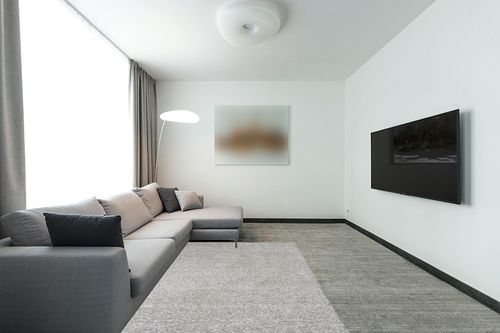 Kas Rugs Bliss Collection Plush Handwoven Shag Rug, 5' x 7', Ivory Heather in Modern Living Room with Grey Couch