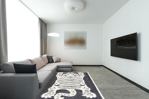 Hauteloom Tilos Moroccan Farmhouse Living Room Bedroom Nursery Shag Area Rug - Shaggy Carpet - Tiger Pattern - High Plush Pile - Dark Grey, Charcoal, Beige, Cream - 5'3" x 7' in Modern Living Room with Grey Couch