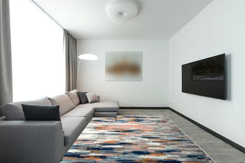 Abani Rugs Orange & Blue Contemporary Abstract Area Rug Contemporary Style, Porto Collection | Turkish Made Superior Comfort & Construction | Stain Shedding Resistant, 7'9" x 10'2" Rectangle in Modern Living Room with Grey Couch