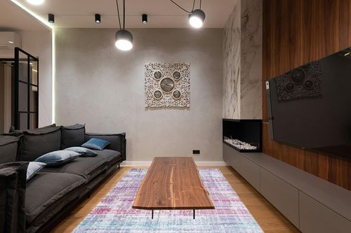 SAFAVIEH Skyler Collection 6' x 9' Silver/Purple SKY183V Modern Abstract Non-Shedding Living Room Dining Bedroom Area Rug in Dark Wood Living Room with Black Couch