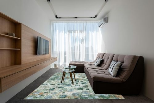 Lahome Abstract Washable Rug 8x10, Non-Slip Soft Bedroom Rugs Stain Resistant, Ultra-Thin 8x10 Rugs for Living Room Easy Clean Boho Green Rug Accent Carpet for Office Dining Room(8x10ft, Green) in Grey Living Room with Brown Couch