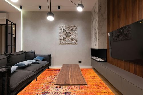 SAFAVIEH Monaco Collection 9' x 12' Orange Multi MNC209H Modern Boho Abstract Distressed Non-Shedding Living Room Bedroom Dining Home Office Area Rug in Dark Wood Living Room with Black Couch