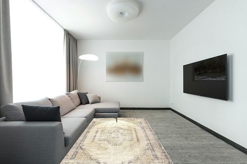 nuLOOM Glenda Machine Washable Faded Medallion Area Rug, 5x8, Light Grey in Modern Living Room with Grey Couch