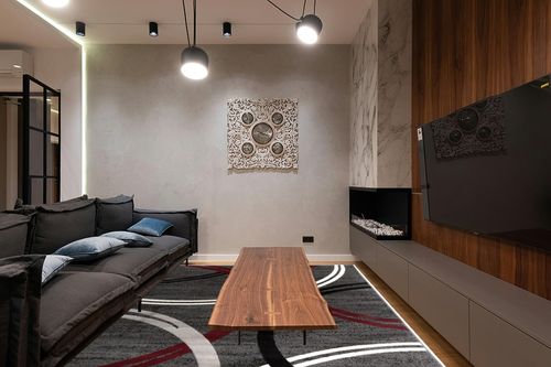 Rugshop Modern Wavy Circles Design Area Rug 7' 10" x 10'2" Red in Dark Wood Living Room with Black Couch