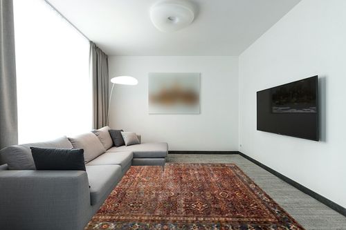 Loloi Layla 7'-6" x 9'-6" Area Rug in Brick/Blue - Thick Area Rug, Soft Area Rug with, Vintage Inspired Distressed Design, Low Pile, Non-Shedding, Easy Clean, Durable Living Room Rug in Modern Living Room with Grey Couch